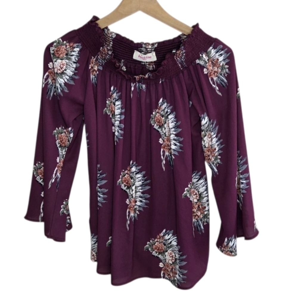 NWT Peach Love Off Shoulder Burgundy Blouse Floral Indian Headdress Size Medium